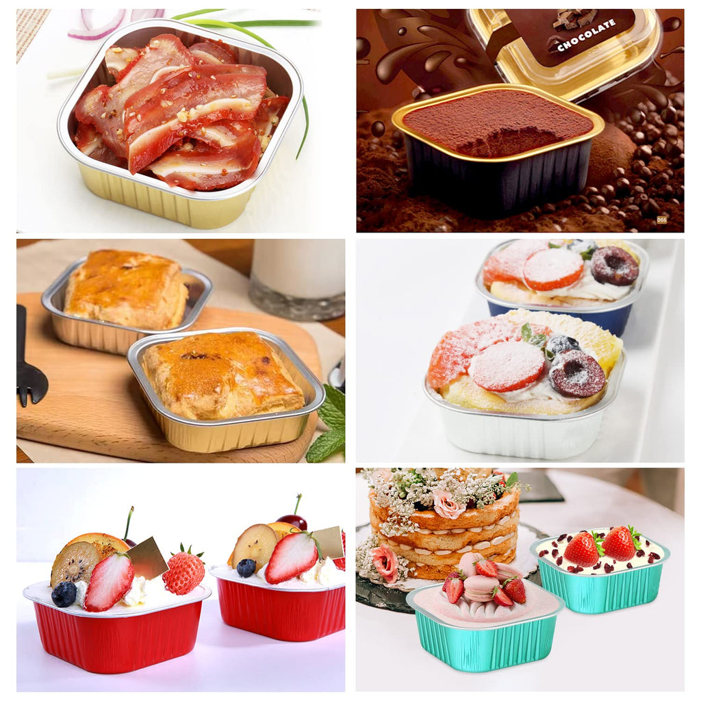 LNYZQUS 10oz Mini Cake Pans With Lids 40 Pack, Aluminum Foil Square Cupcake Liners Brownie Baking Cups,Disposable 4”x4” Large Cupcake Pan,Jumbo Muffin Tin Ramekins Holders-Black In Gold