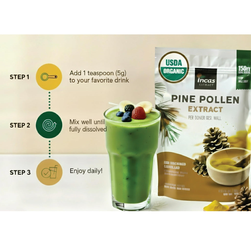INCAS 100% USDA Organic Pine Pollen Powder (6 Ounces) Non GMO Verified 99% Cracked Cell Wall, Wild HARVESTED, Non-Irradiated, Boosts Energy & Immune Support, No Fillers or Additives