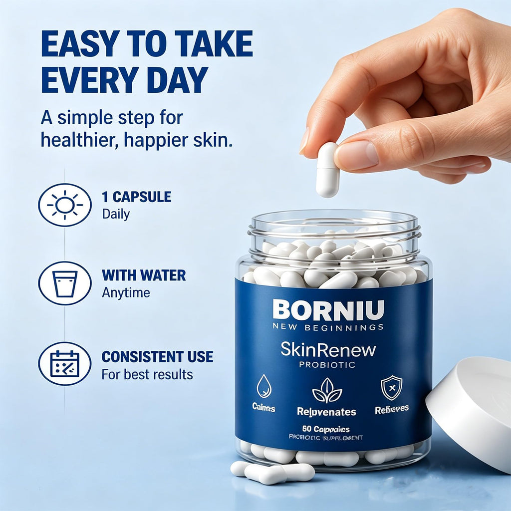 Borniu SkinRenew Probiotic Capsules, Daily Probiotic Supplement, Gut and Skin Wellness Support, Easy Daily Capsule Routine, 60 Capsules