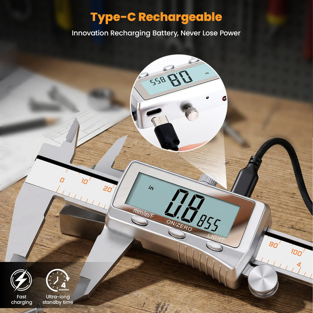 HARDELL Digital Caliper, Rechargeable Calipers with Backlight, Digital Caliper 12 Inch with All Metal Dial, Auto-Off Digital Micrometer, Inch/MM/Fraction for DIY/Household/3D-Printing
