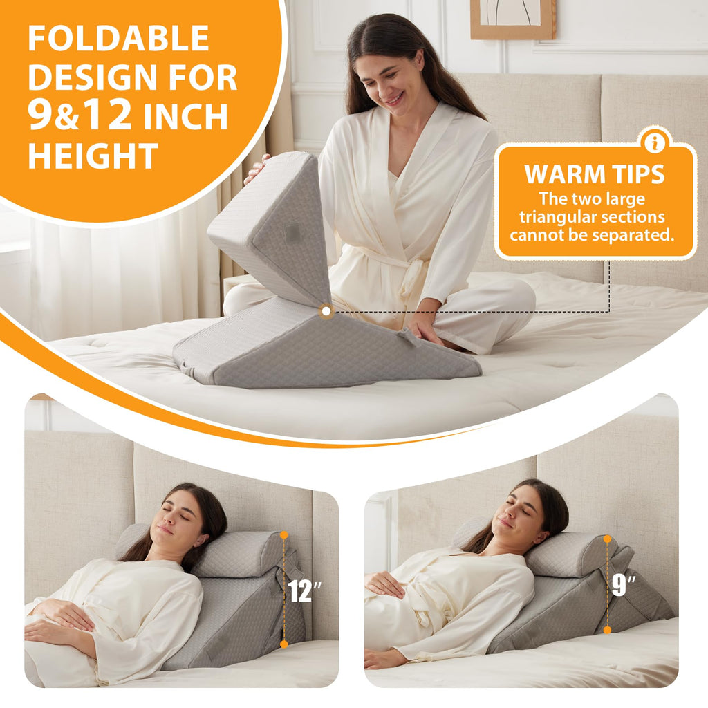 Ruqmuis 3PCS Wedge Pillow Set for After Surgery, Adjustable 9&12 Inch Bed Wedge Pillow for Sleeping, Incline Pillow Wedge for Headboard, Post Surgery, Acid Reflux, Neck&Back Support, Grey