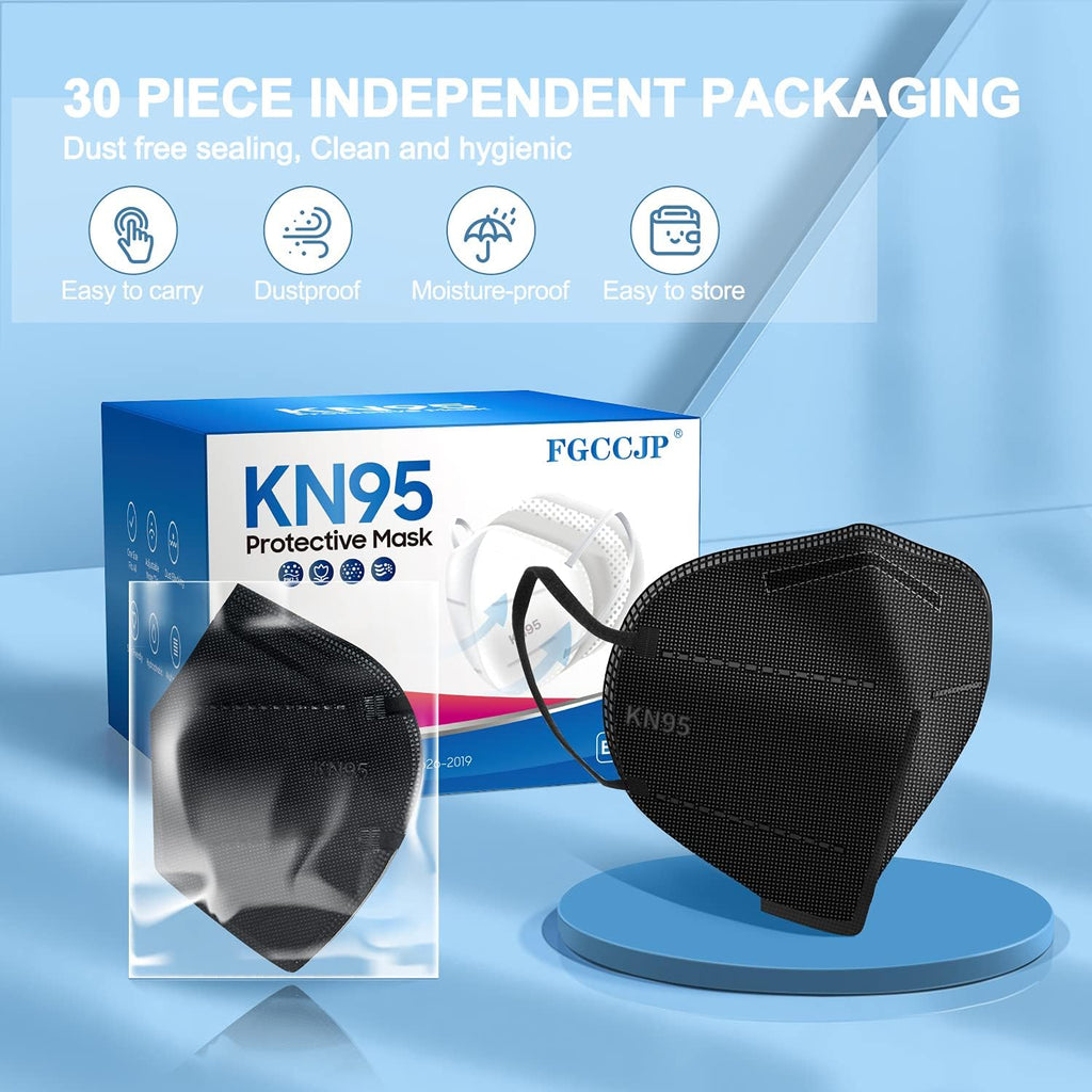 FGCCJP KN95 Face Mask 30pcs Disposable Face Masks Individual Packed Safety 5 Layers Breathable Cup Dust Masks Filtration>95% for Adults Men Women(Black)