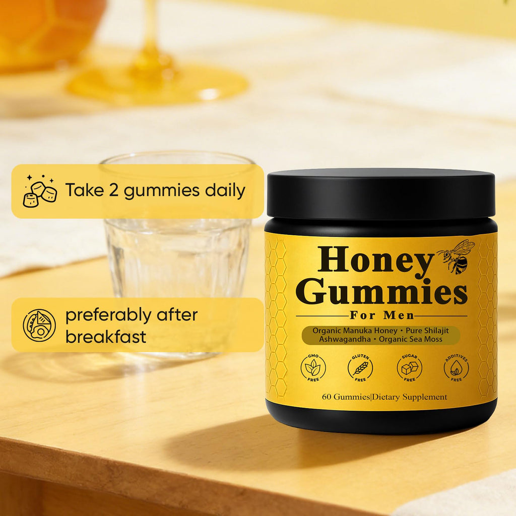 Dotkara Honey Gummies for Men, Vitality Booster Manuka Honey Gummies, with Shilajit, Ashwagandha, Sea Moss, Improves Endurance, Lowers Cortisol, Reduces Fatigue, Vegan, Non-GMO (60 Gummies) (1)