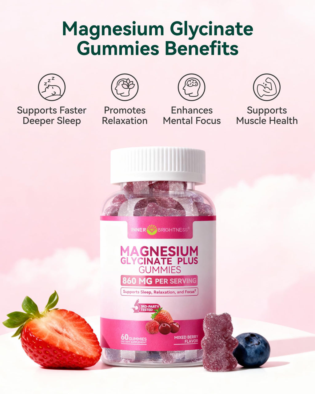 Magnesium Glycinate Plus Gummies 860mg, Sugar-Free, Non-GMO, Gluten-Free, Magnesium Gummies for Adults & Kids, Sleep, Relaxation & Focus, Magnesium Supplement for Women, Mixed Berry Flavor, 120 Count