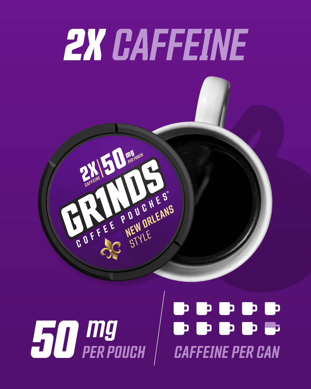 GRINDS Coffee Pouches | 6 Cans of New Orleans | Made in The USA | Tobacco Free, Nicotine Free | 18 Pouches Per Can | 2X Caffeine 1 Pouch eq. 1/2 Cup of Coffee (New Orleans)