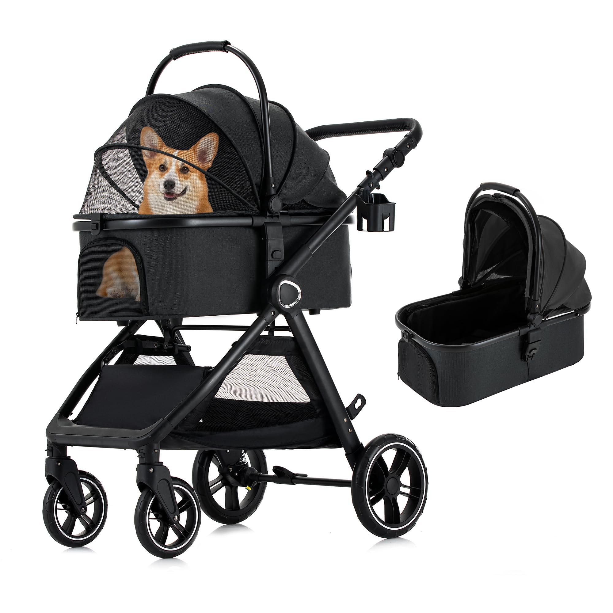 KAVELLIN Pet Stroller for Small/Medium Dogs, Foldable Dog Stroller with Detachable Carrier,3 in 1 Pet Stroller for Dogs Cats up to 50 lbs, Cup Holders,Easy Assembly, Black