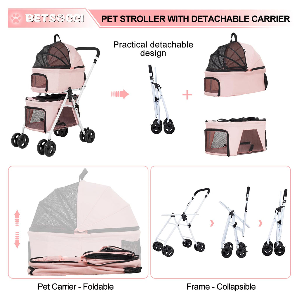 BETSOCCI Double Dog Stroller with 2 Detachable Carrier, Portable Pet Stroller for Small Dogs & Cats Folding Lightweight Puppy Travel Carriage, 4 Wheels, Pink