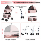 BETSOCCI Double Dog Stroller with 2 Detachable Carrier, Portable Pet Stroller for Small Dogs & Cats Folding Lightweight Puppy Travel Carriage, 4 Wheels, Pink