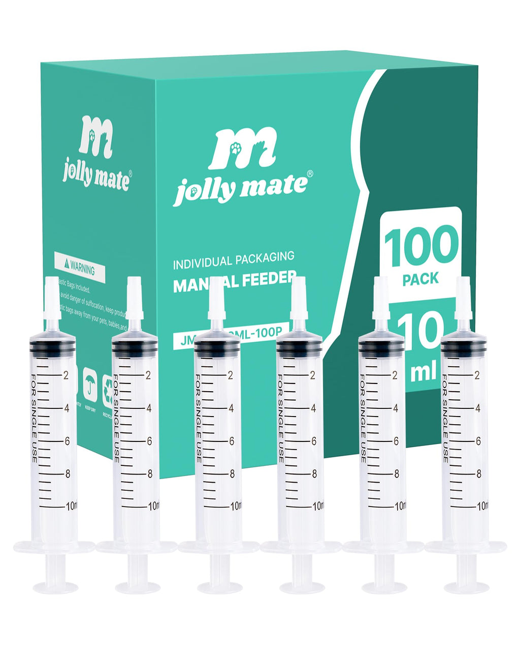 JollyMate 100 Pack 10ml Syringes for Liquid, 10cc Oral Syringes without Needle with Cap Individually Wrapped for Pet Feeding, Scientific Labs, Measuring Liquids, Oil & Glue Dispenser