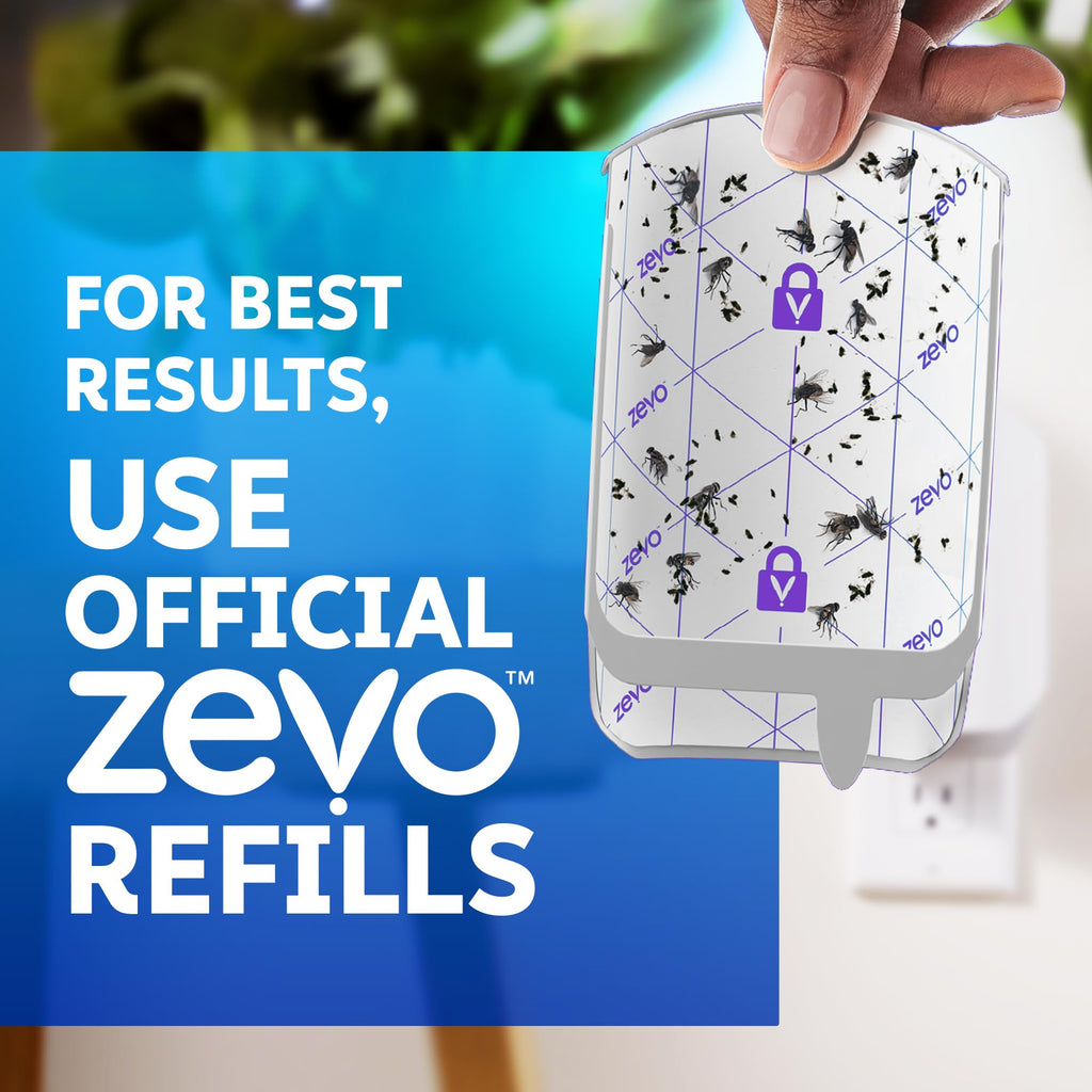 Zevo Flying Insect Traps - Plug-in Indoor Fly Trap and Bug Light Trap Refill with Blue and UV Light - No-Mess Cartridge for House Flies, Fruit Fly Trap and Gnats (2 Plug-in Bases and 4 Cartridges)