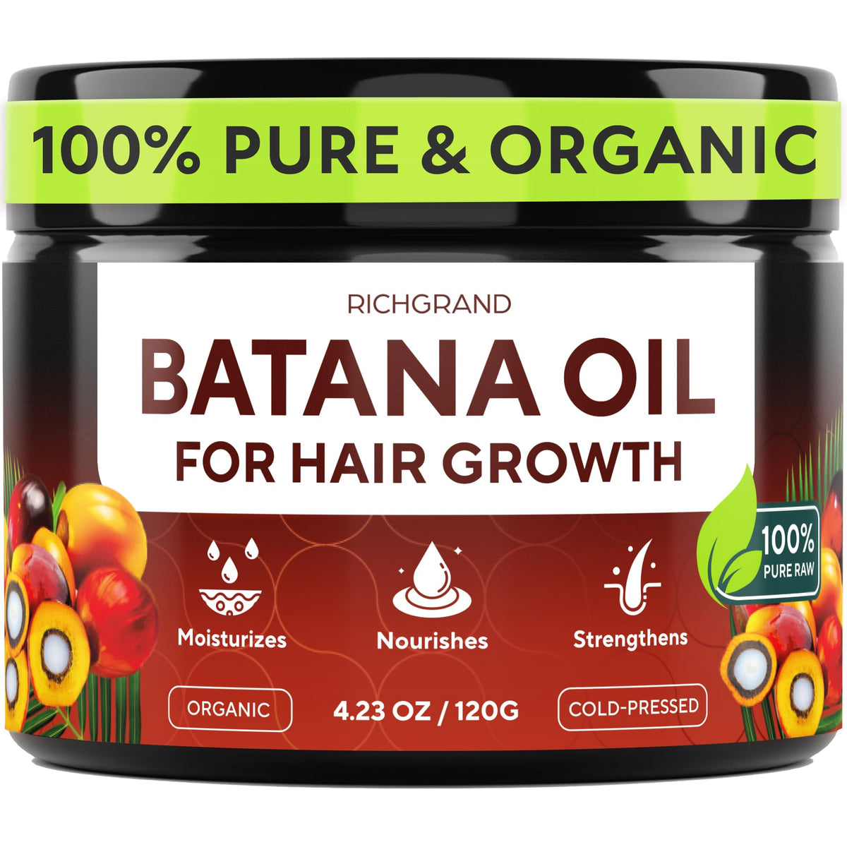Batana Oil for Hair Growth - 100% Raw & Organic Unrefined Batana Oil - Cold Pressed Hair Mask for Scalp Health, Thicker Hair & Split Ends Repair - Natural & Pure (4.23 oz)