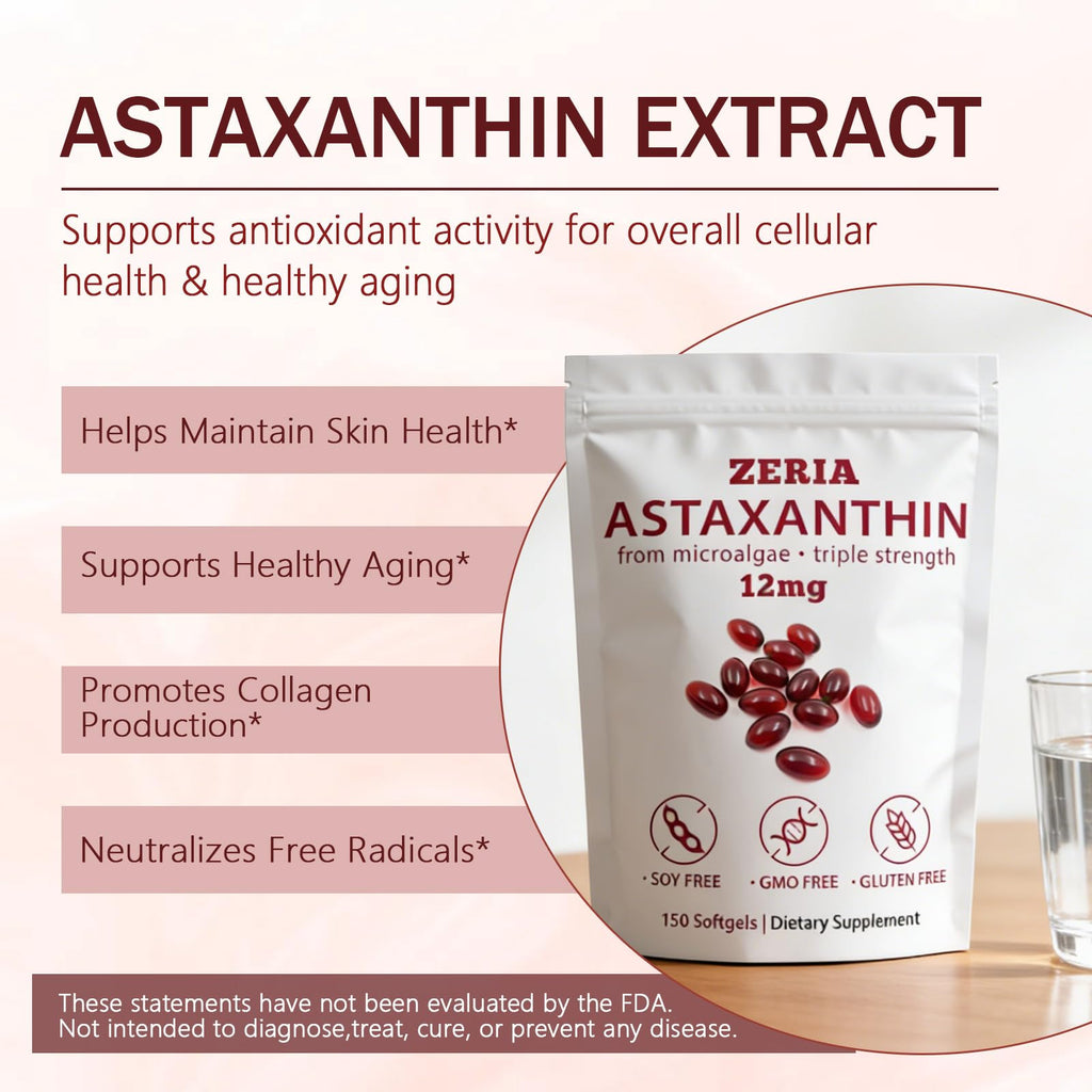 ZERIA Astaxanthin 12mg, Natural Microalgae Antioxidant for Eye, Skin & Immune Support - 150 Softgels