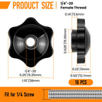 Aifeier ET 16 Pcs 1/4"-20 Inch Knob | Black Nylon Screw-On Type Thru Threaded Nuts | 6-Star Shape Hand Tighten Clamping Knobs (0.25"/6.35mm)