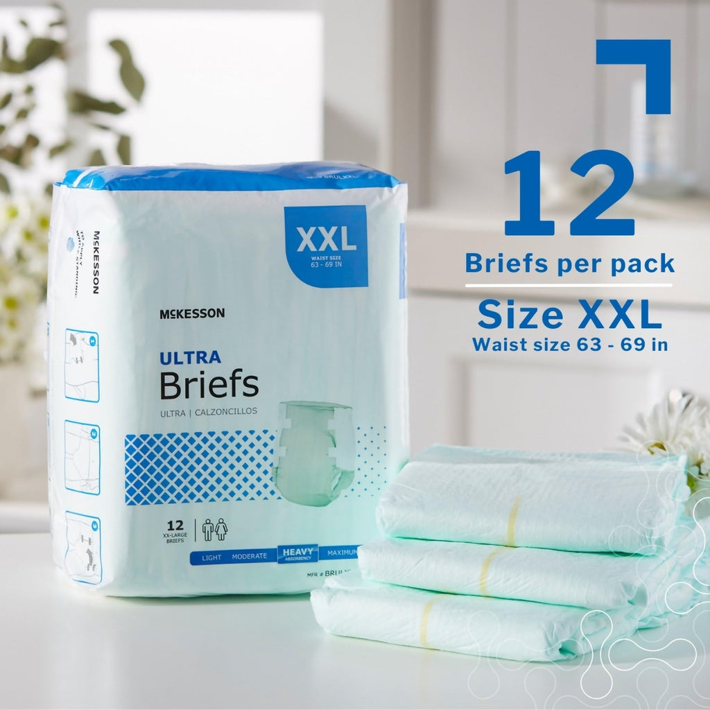McKesson Ultra Briefs, [48 Count], XXL, 63-69 in. Incontinence Adult Diapers with Tabs, Heavy Absorbency, Unisex, Disposable, Elastic Leg Gathers and Contoured Fit for Men and Women
