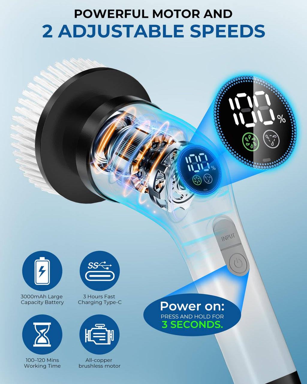 Electric Spin Scrubber, Rechargeable with Upgraded Battery & Extended Runtime, IPX7 Cleaning Brush, 3000mAh Battery 7 Brush Heads 2-Speed Adjustable Long Handle for Bathroom & Tile Floor Cleaning