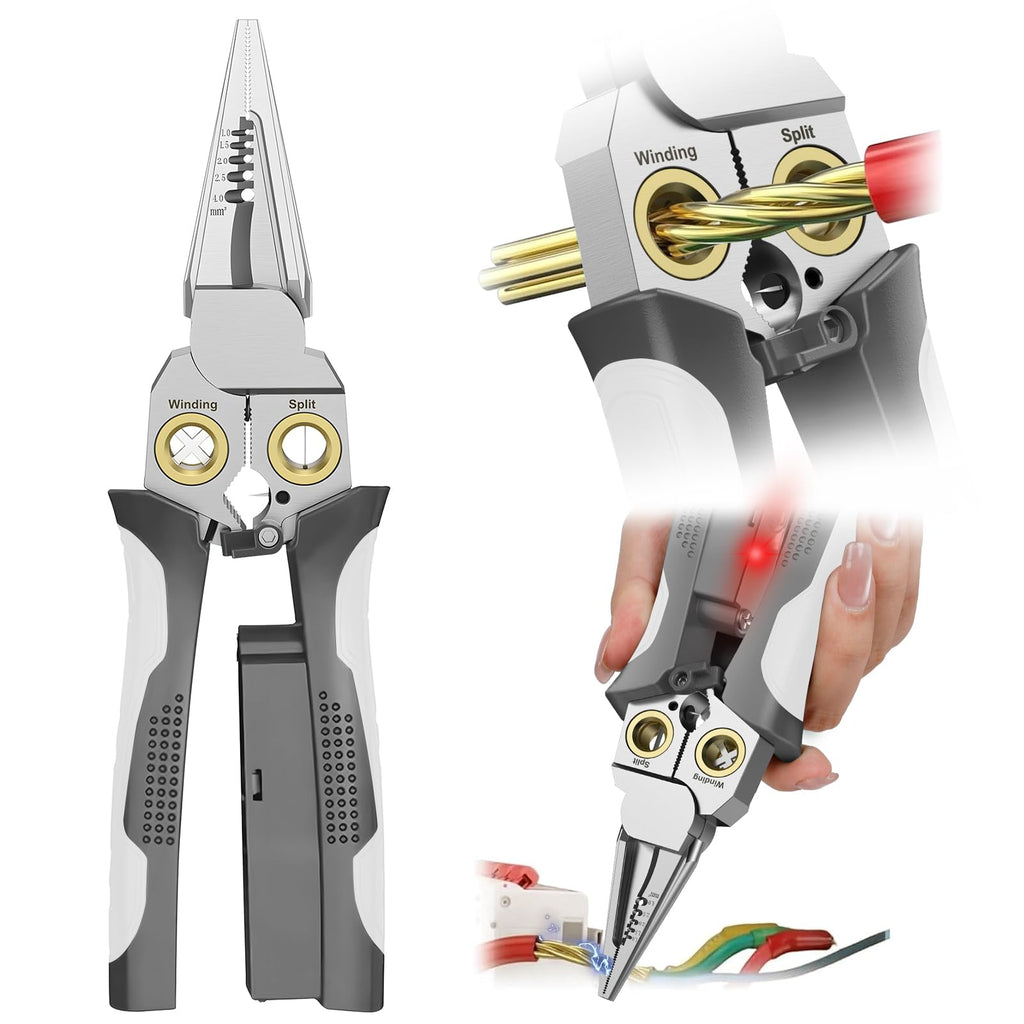 GADO Pro 8-in-1 Wire Stripper/Cutter with Voltage Tester & Dual Alarms - Heavy Duty 12-250V AC/DC Electrical Tester for Hot/Neutral Wires - Electrician, HVAC, Car Repair Tool (Gray)