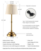 KDG Cordless LED Table Lamp Set of 2, Portables Fabric Shade Desk Lamps, 4000mAh Rechargeable Battery Powered Lighting, Dimmable Light for Dining Room, Bedroom, Bedside, Night Light, Balcony (Gold)