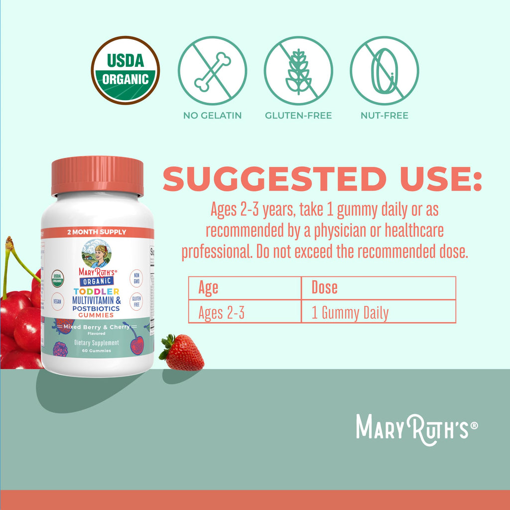 MaryRuth Organics Toddler Multivitamin Gummies + Postbiotics | USDA Organic | Vitamins for Kids Ages 2+ | Immune Support | Vitamin C | Vitamin D3 | Vitamin A | Zinc | Vegan | Non-GMO | 60 Servings