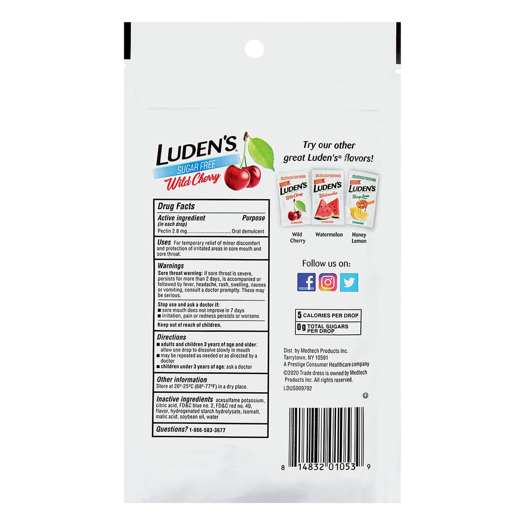 Luden's Sore Throat Relief Lozenges for Minor Everyday Irritation & Dry Mouth, Sugar Free Wild Cherry Flavored Drops, 25 Count, Pack of 12