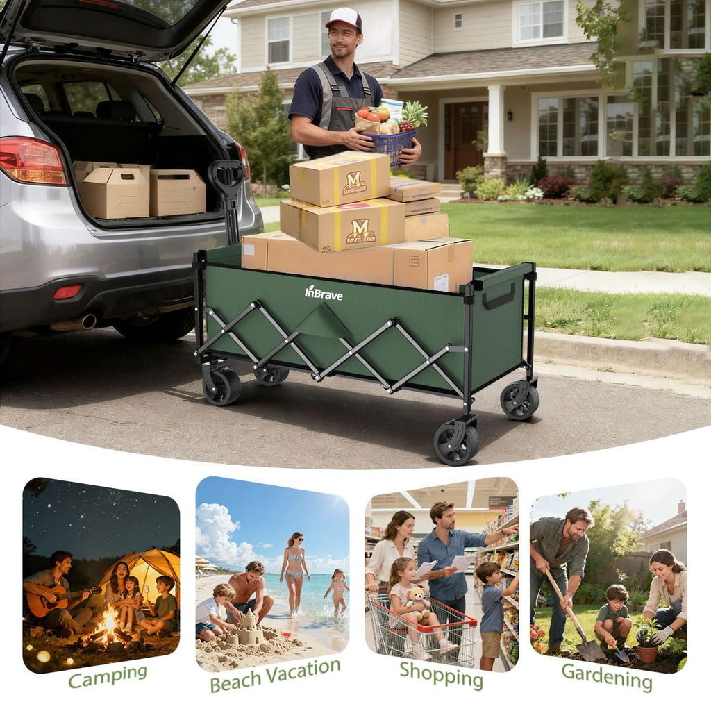 InBrave 34" Extra Long Collapsible Wagon Cart, 360LBS Capacity, Army Green