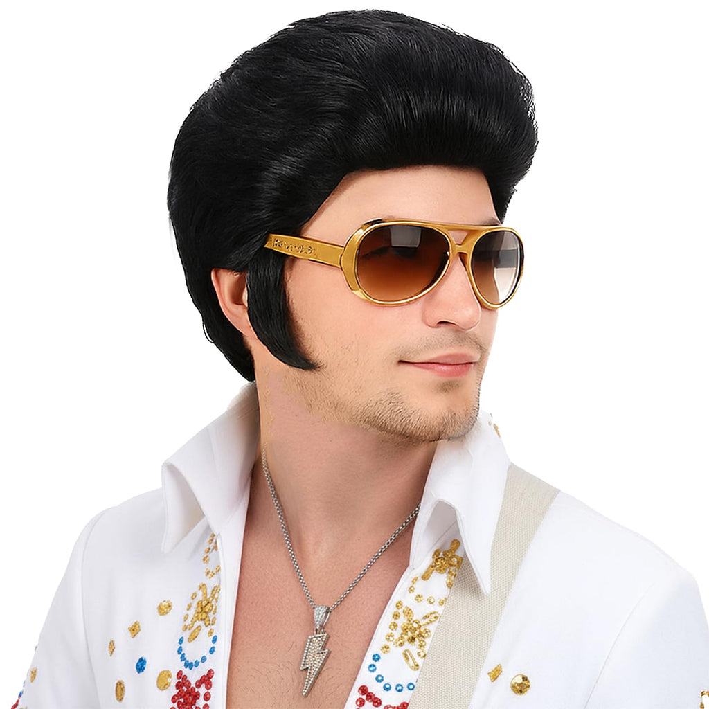 Bettecos 4pcs Set 50s Rock Wig with Sunglasses and Necklace for Men Singer Rocker Costume Wigs for Cosplay Halloween Party (Adults)