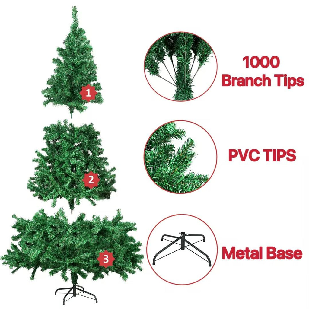 Artificial Christmas Tree, 1000 PVC Tips Full Hinged Spruce Tree with Foldable Metal Stand, Easy Assembly Xmas Tree for Home Office Holiday Party Decoration (Green, 7FT)