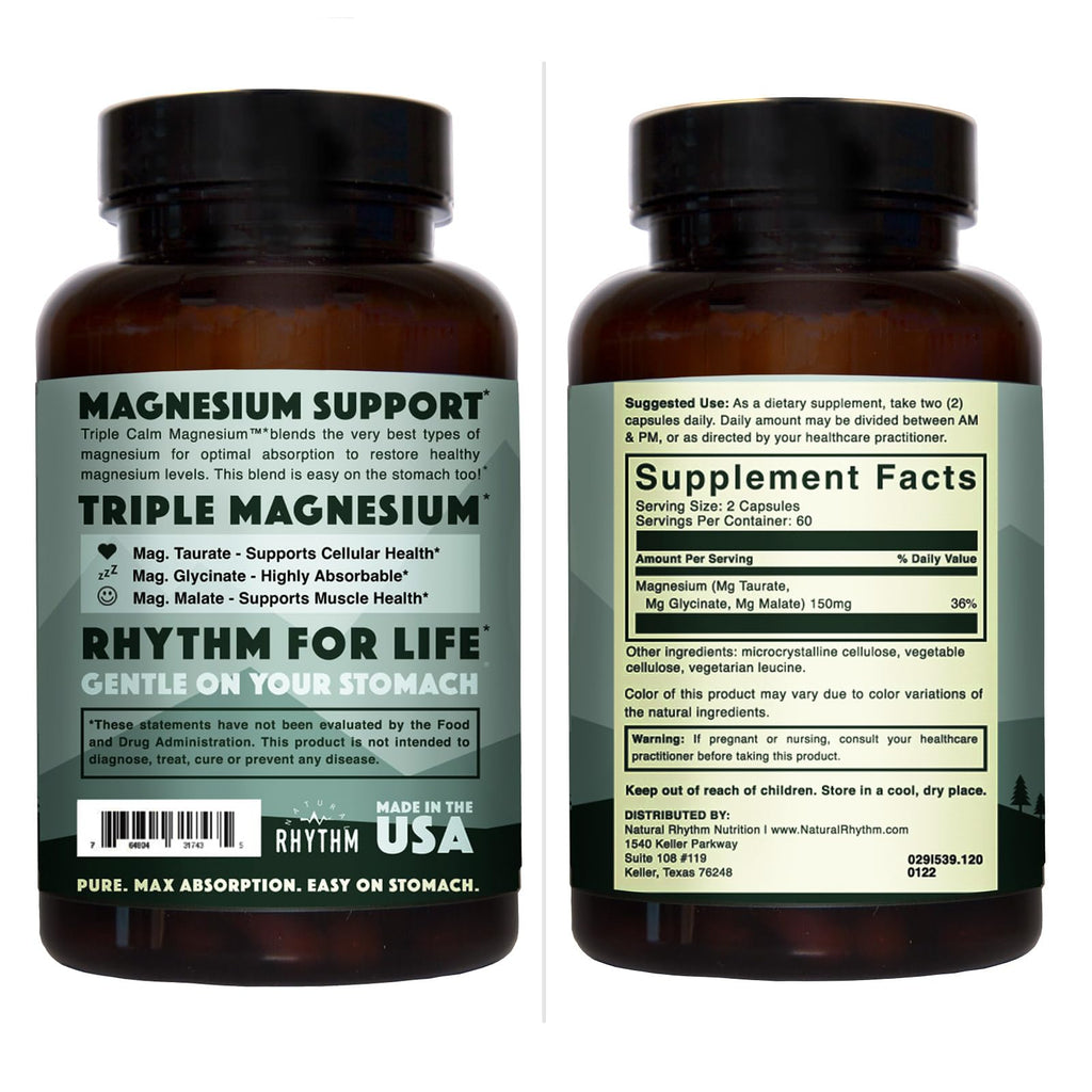 Natural Rhythm Triple Calm Magnesium 150 mg – 120 Capsules – Magnesium Complex Compound Supplement with Glycinate, Malate, and Taurate to Support Muscle, Nerve, and Cardiovascular Health