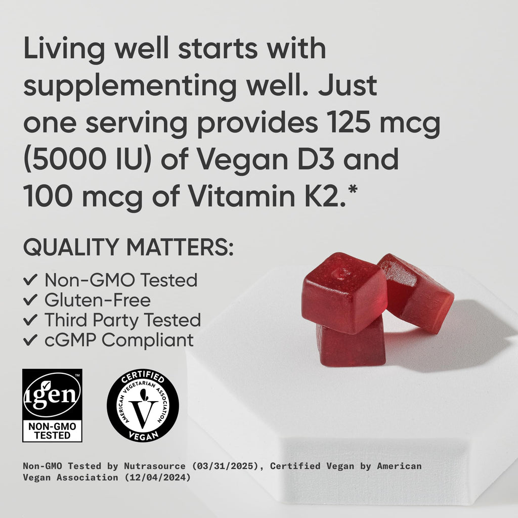 Sports Research® Vegan Vitamin D3 + K2 Gummy Supplements - 5000iu Vitamin D with 100mcg Mk7 Vitamin K - Supports Bone& Immune Health* - 60 Gummies for Adults, for Women, 1 Month Supply