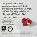 Sports Research® Vegan Vitamin D3 + K2 Gummy Supplements - 5000iu Vitamin D with 100mcg Mk7 Vitamin K - Supports Bone& Immune Health* - 60 Gummies for Adults, for Women, 1 Month Supply