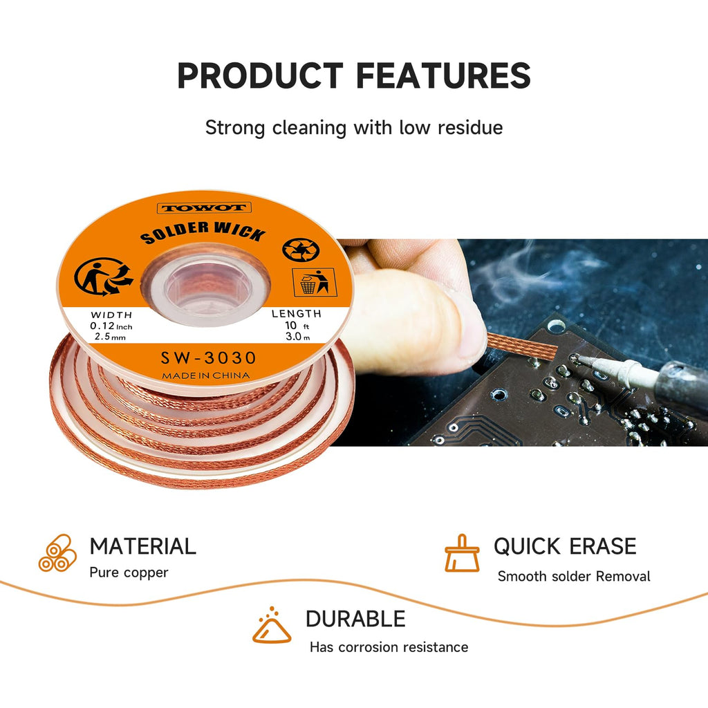 TOWOT Solder Wick Braid with Flux No-Clean Electronic, Desoldering Wick Braid Remover.Desolder Soldering 2.5mm W 0.10'' L 5'