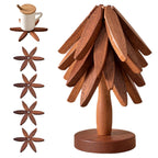 Wooden Trivets for Hot Dishes, Tree Shape Trivet Set, 4 Walnut Wood + 1 Stand stored Like a Christmas Tree,Foldable Kitchen Wooden Trivet,for Hot Dishes、Pot、Bowl、Teapot、Hot Pot Holder(Brown)