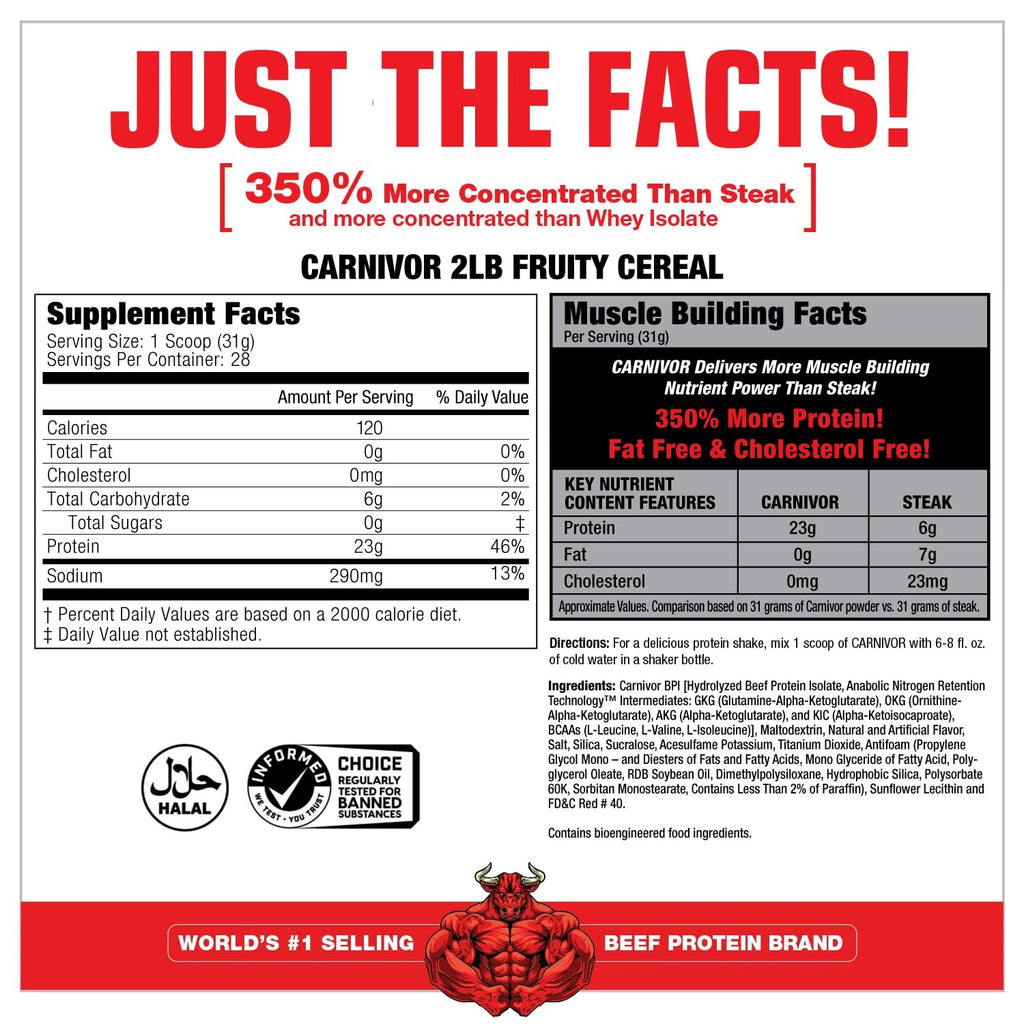 MuscleMeds CARNIVOR Beef Protein Isolate Powder, Muscle Building, Recovery, Lactose Free, Sugar Free, Fat, Free, 23g Protein, Fruity Cereal, 28 Servings