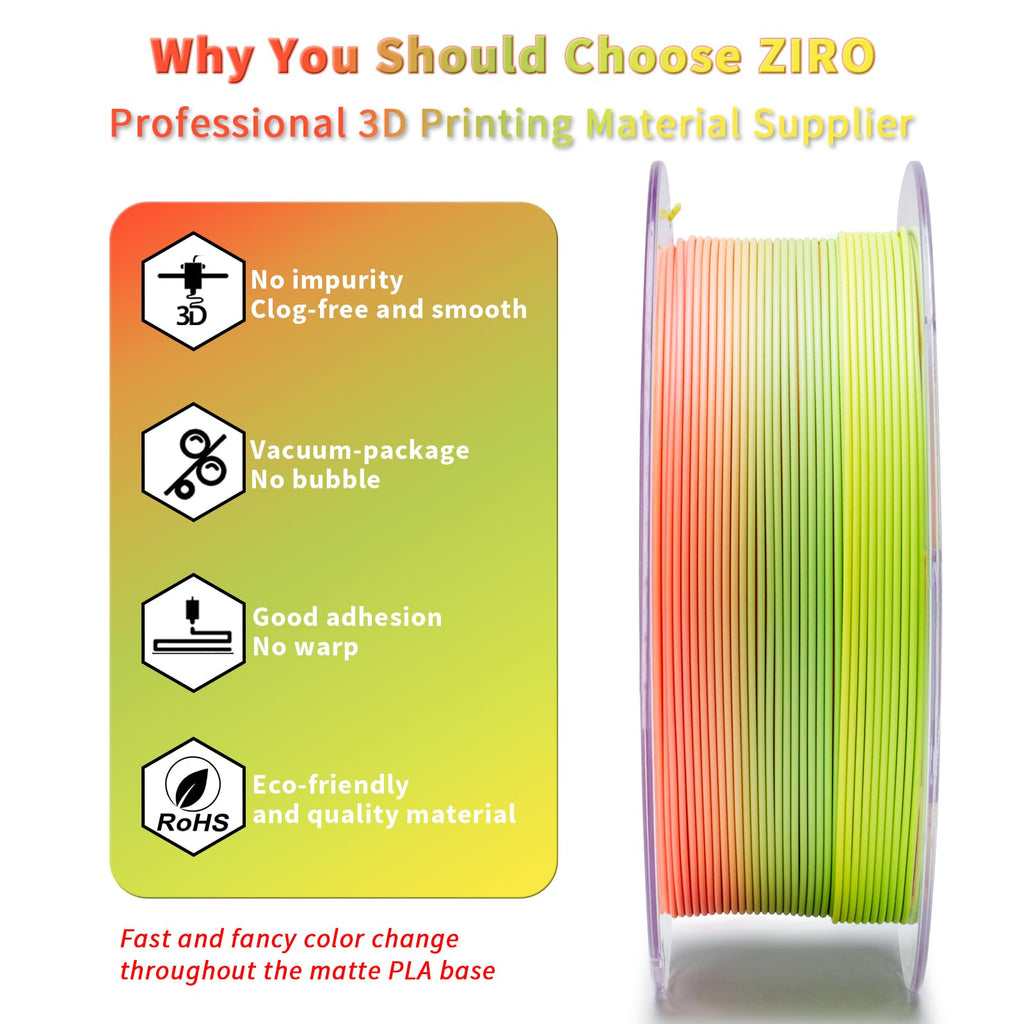 ZIRO 3D Printer Filament, Faster Color Change Filament 1.75mm, Color Gradient Material, No-Shine Rainbow PLA, Dimensional Accuracy +/- 0.03mm, Fit Most FDM Printer 1KG Spool, Tropical (Matte)