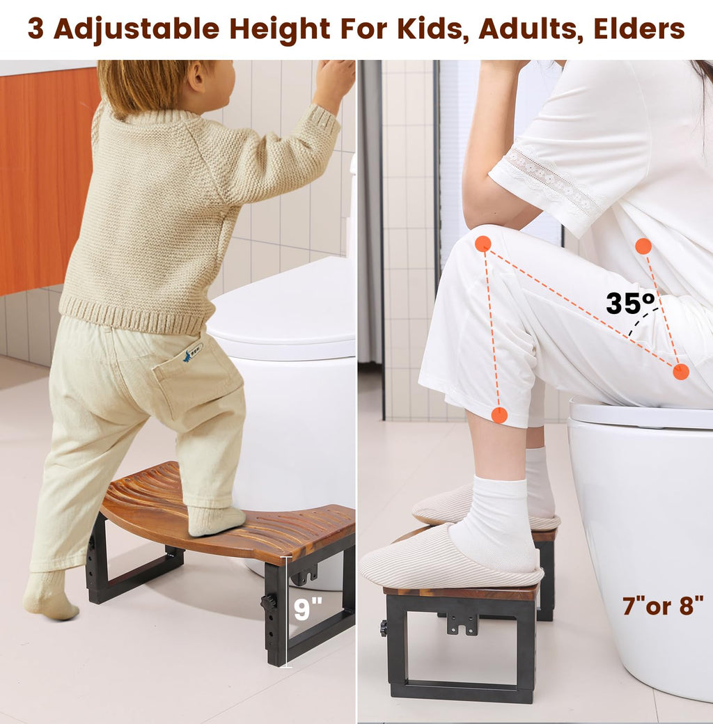 Toilet Stool Foldable,7,8,9 in Adjustable Height,Acacia Wood Poop Stool for Potty Training,Squat Potty for Adults,Squatting Position Helps Improves Bowel Health&Relieves Constipation (Patent Pending)