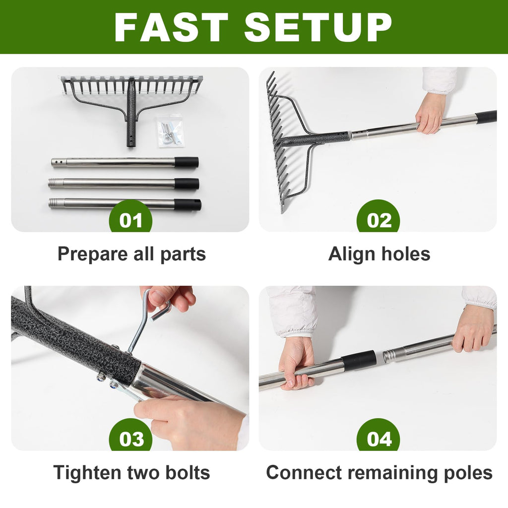 65" Heavy Duty Garden Rake Bow Rake with 17 Tines & Stainless Handle