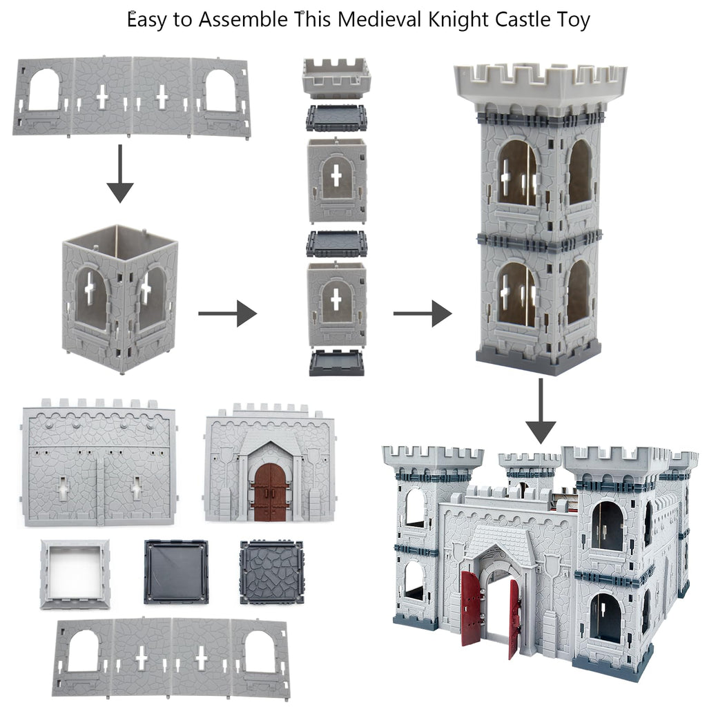Plustopoy Medieval Castle Knight Toy Soldier Army Figurines, DIY Assembled Cavalry, Arrow Tower,8 Knights and 8 Horse, 36 Soldiers, Simulated Siege War of Attack Castle Toy for Boys