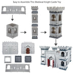 Plustopoy Medieval Castle Knight Toy Soldier Army Figurines, DIY Assembled Cavalry, Arrow Tower,8 Knights and 8 Horse, 36 Soldiers, Simulated Siege War of Attack Castle Toy for Boys