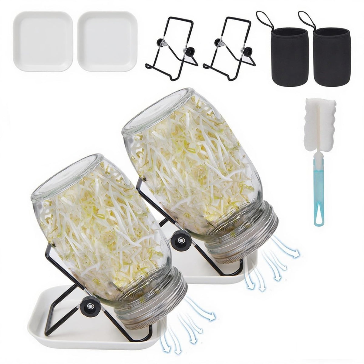 Toowood 2Pack Sprouting Kit,1000ml Sprouting Jar with Mesh Lids and Stands, Microgreens Sprouts Growing Kit, Broccoli Sprouts Seeds Sprouting Jars with Screen Lids,Blackout Sleeves, Tray