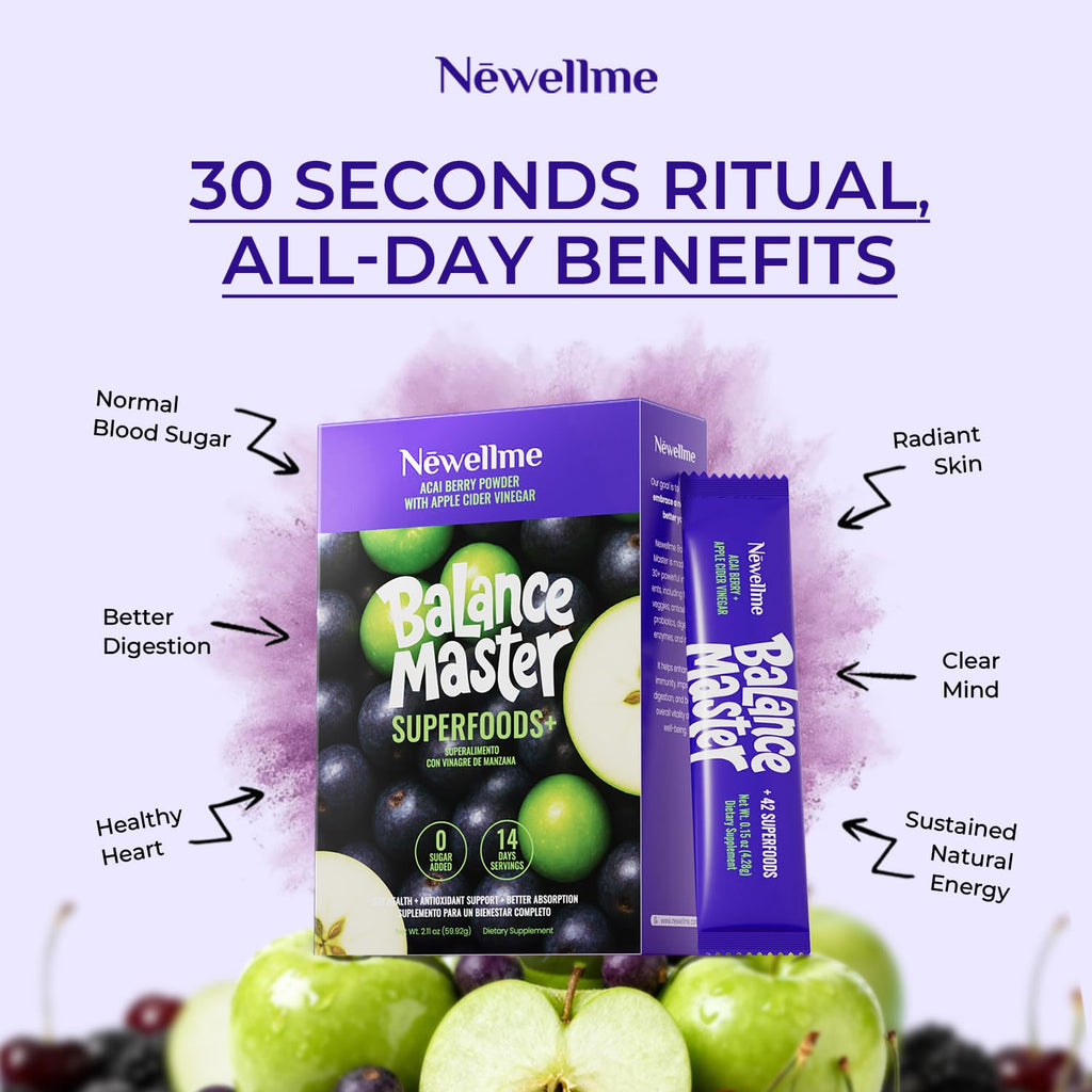 NEWELLME Balance Master Acai Apple Cider Vinegar Powder, Healthy Blood Sugar Support, Probiotics & Digestive Enzymes for Metabolic Support, Vegan Non-GMO, 14 Servings