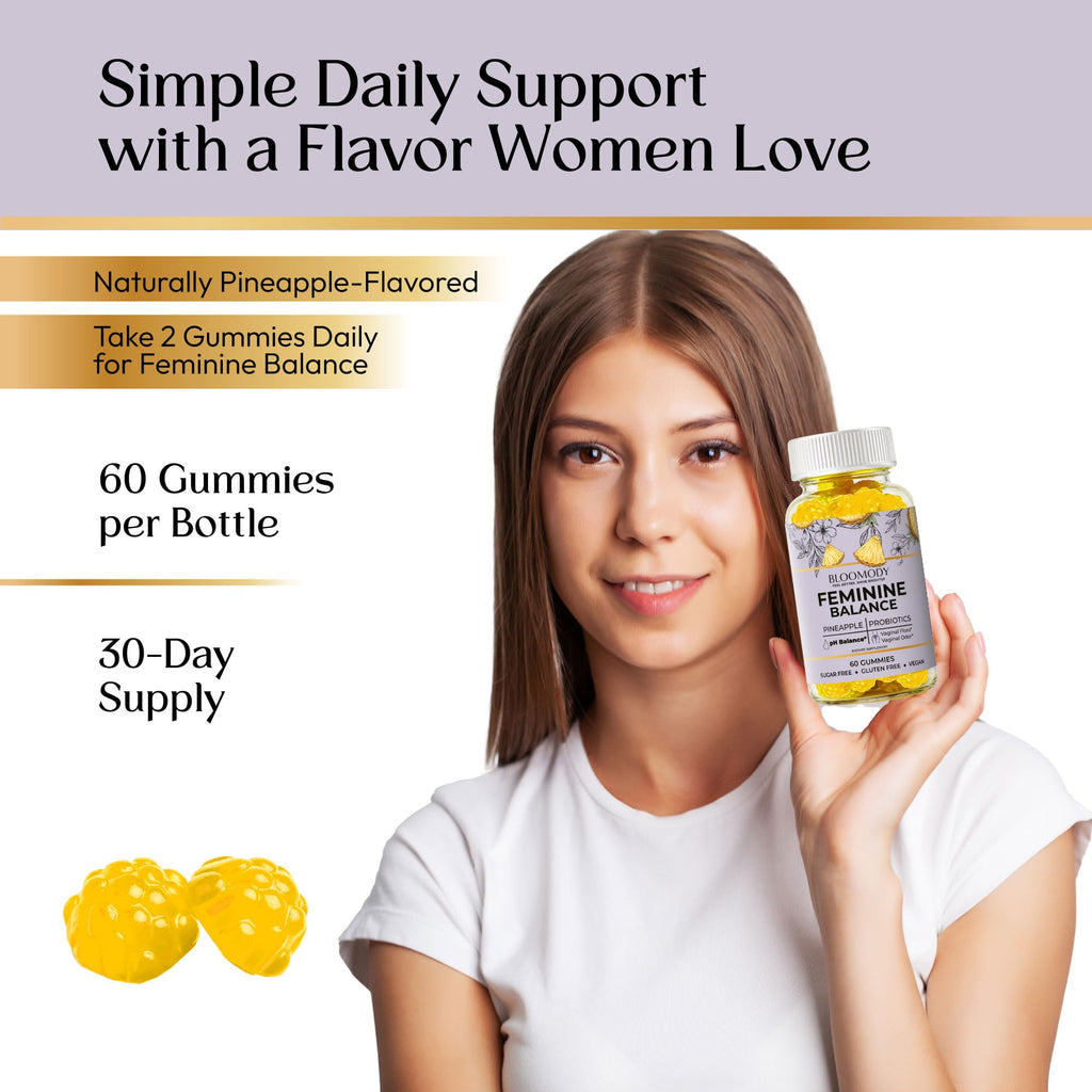 Bloomody Probiotic Feminine Balance Gummies for Women - pH Balance & Vaginal Health Supplement with Cranberry Vitamin C - Natural Pineapple pH Balancing Gummy for Healthy Odor Hygiene Support