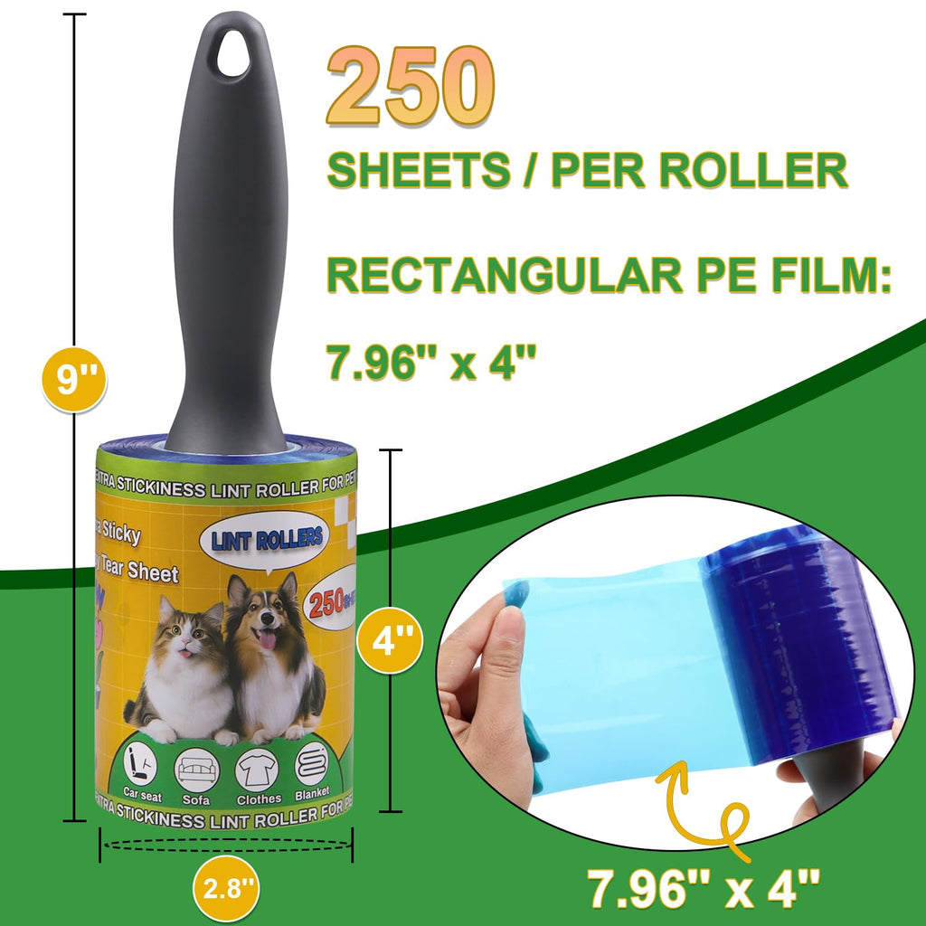 Sunroda Lint Rollers Pet Hair Value Pack of 500 Sheets, Extra Sticky Lint Remover for Dog & Cat Fur, Clothes, Furniture, Couches Reusable Rollers for Fuzz, Fluff & Hair (Blue, 2 Count / 500 Sheets)