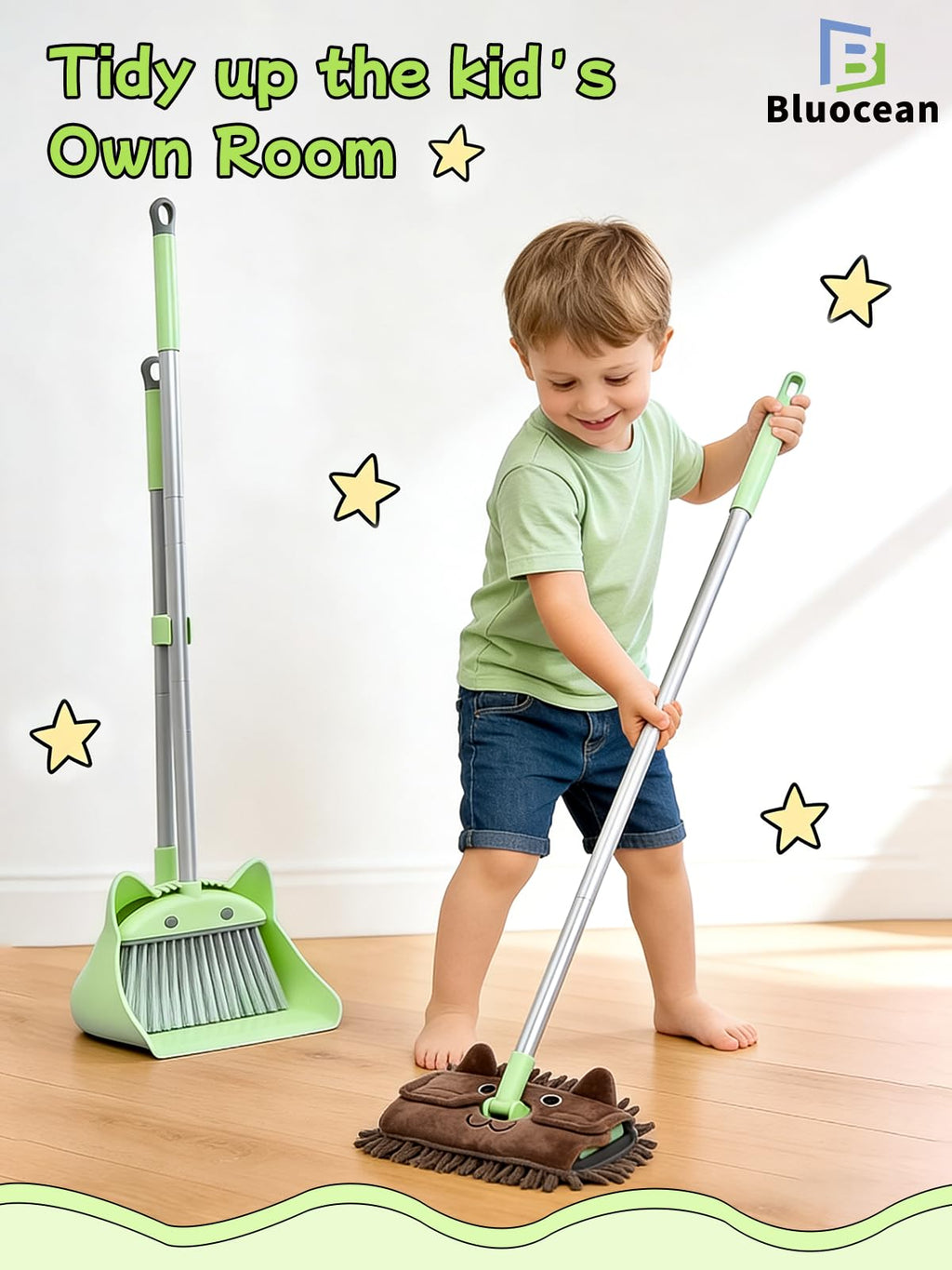 28'' Kids Mini Broom with Dustpan & Mop Set - Toddler Cleaning Toy, Toddler Household Helper, Parent-Child Interactive Play Cleaning Tool, Cute Cartoon Design, Small Safe Corner Broom (Green)