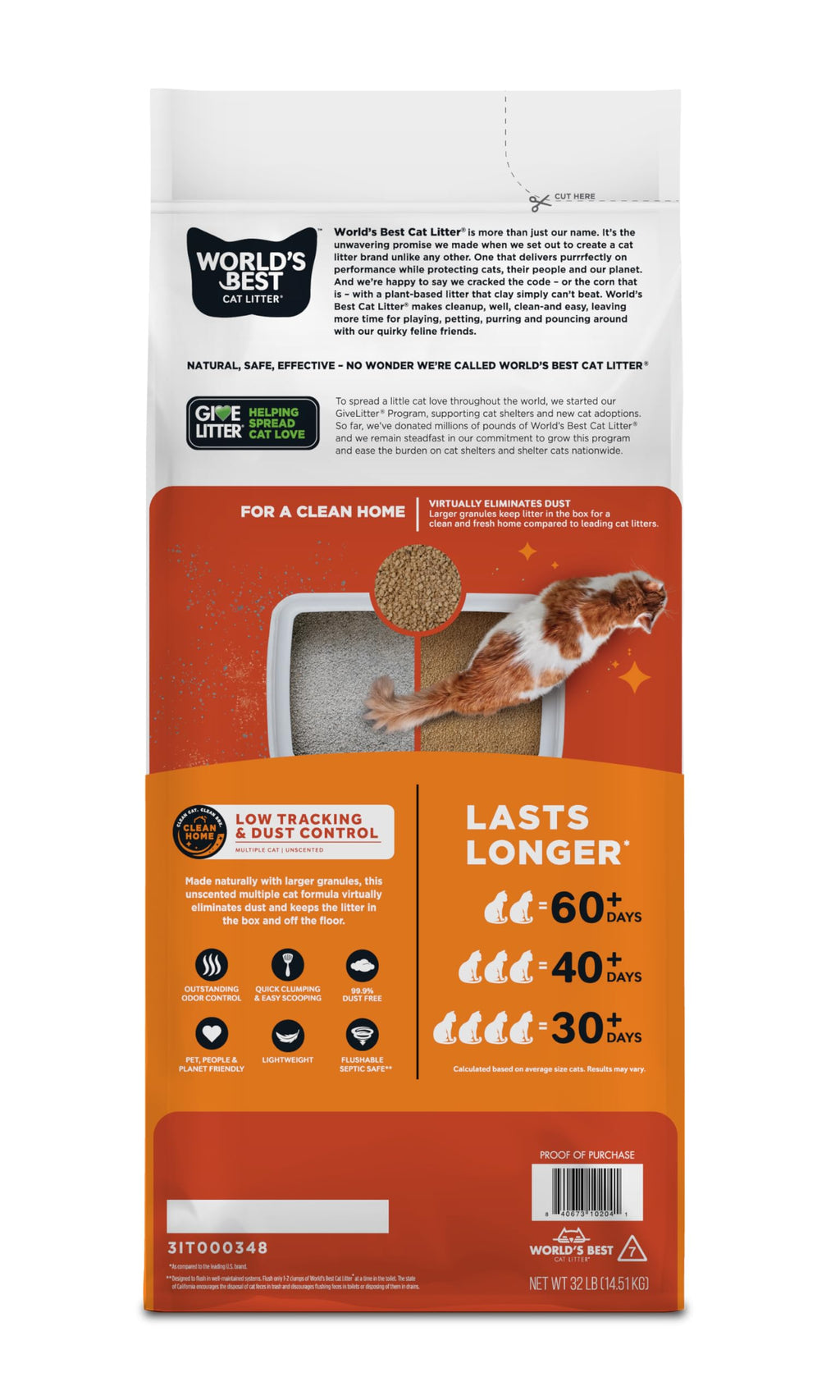 World's Best Cat Litter Low Tracking & Dust Control, Unscented, 32 lb Bag