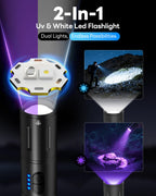 UV Black light Flashlight，Rechargeable 2-in-1 LED White Light Flashlight and BlackLight 395nm, Waterproof, Zoomable, Super Bright LED for Camping, Hiking, Pet Urine Detection, Scorpion Detection