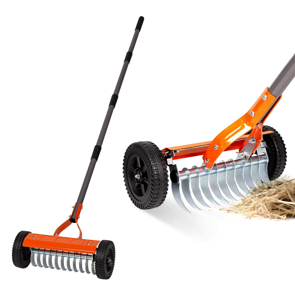 Walensee Manual Lawn Dethatcher Rake with Wheels, Adjustable Handle