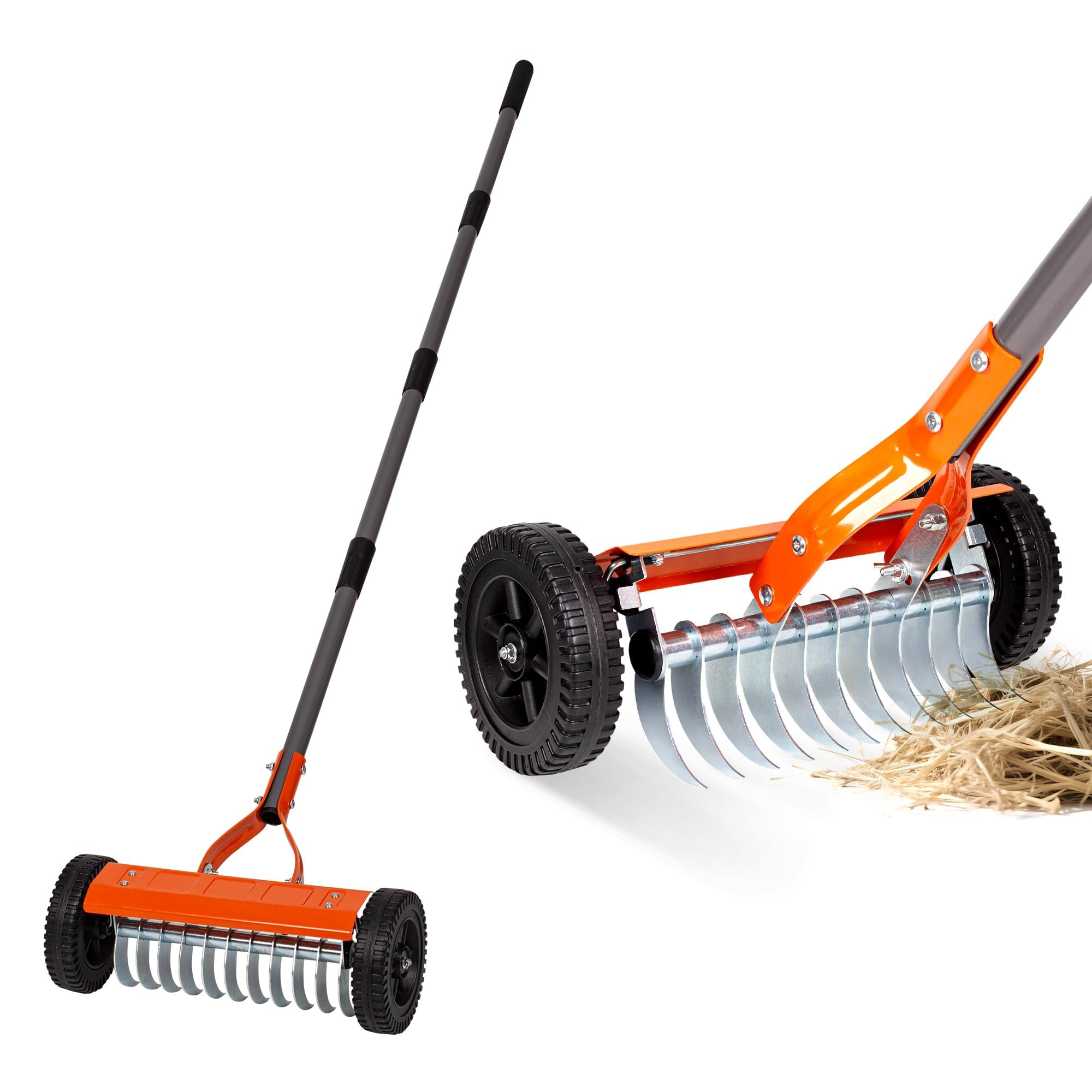 Walensee Manual Lawn Dethatcher Rake with Wheels, Adjustable Handle
