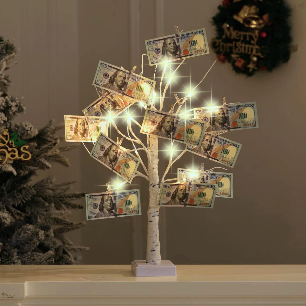 Money Tree Gift Card Holder 24 LED Birch Tree Lamp Battery/USB Powered