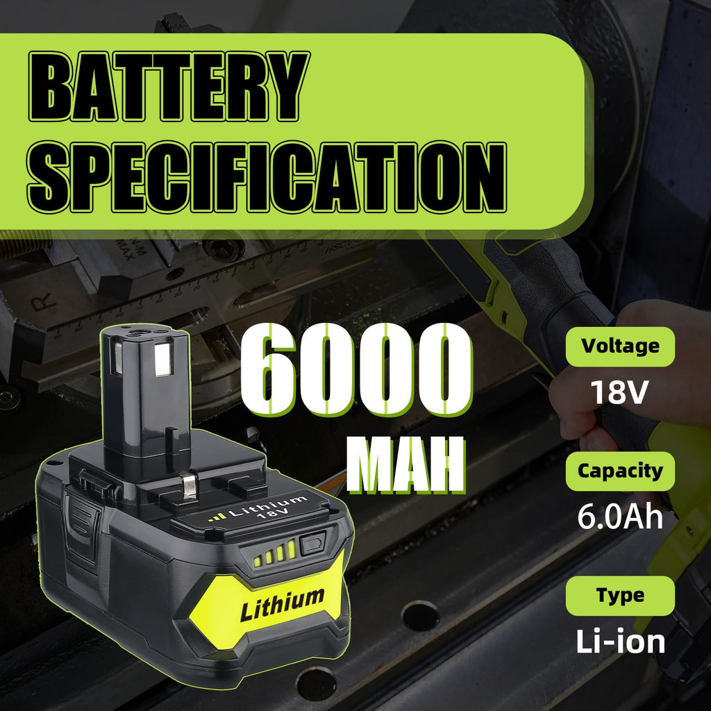 2Pack 6.0Ah Repacement for Ryobi 18V Battery with P117 Charger Compatible with Ryobi Battery 18V P102 P103 P104 P105 P107 P108 P109 Battery & Charger Kit