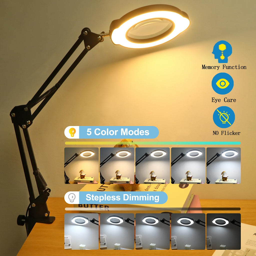 Upgrade 12X Magnifying Glass with Light and Stand, Real Glass Magnifying lamp, 5 Color Modes Stepless Dimmable,84LEDs Desk Lamp, Magnifier with Light Hands Free for Close Work, Reading Craft Repair