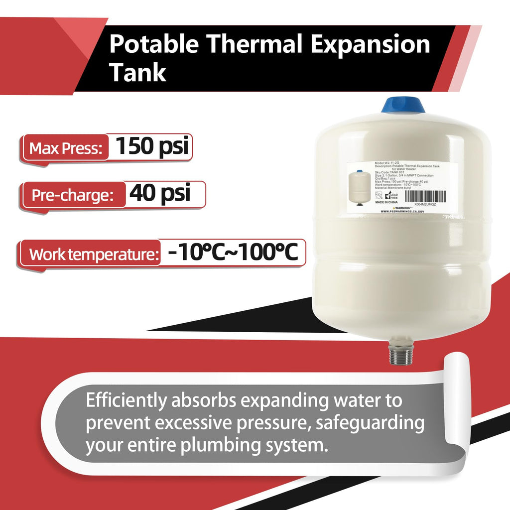 EFIELD Water Heater Expansion Tank, 2.1 Gallon, 3/4 in MNPT Connection, Thermal Pressure Protection, Safe for Potable Water,(TANK001)